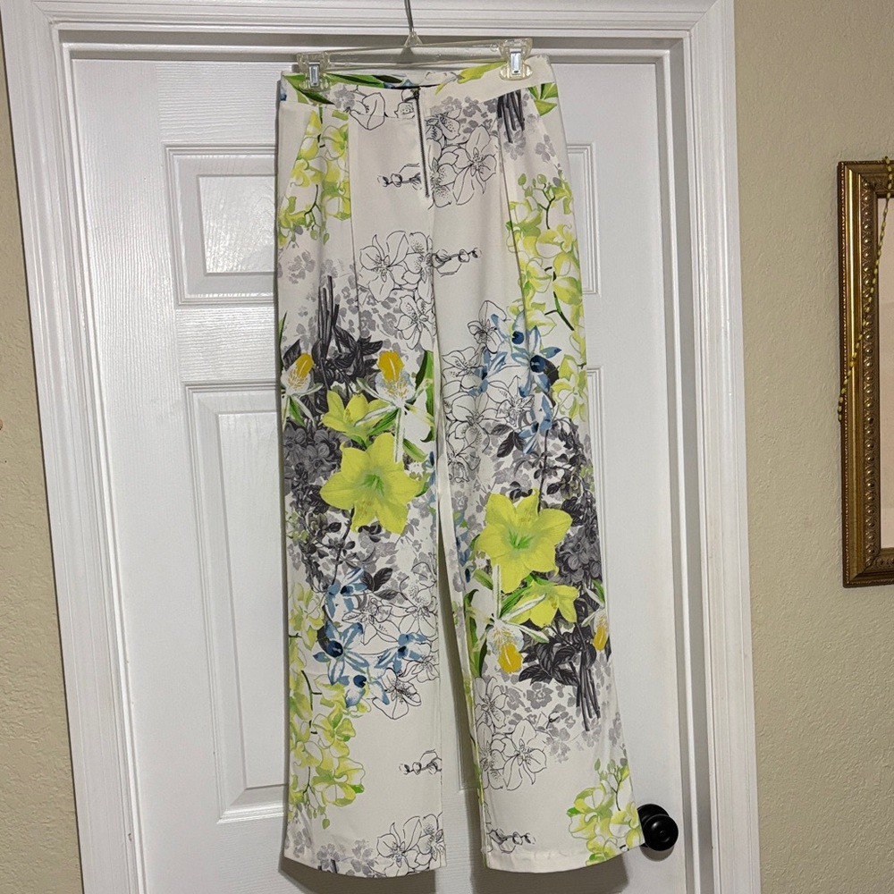 BCBGMaxAzria Floral Wide-Leg Pants - White, Yellow, Gray